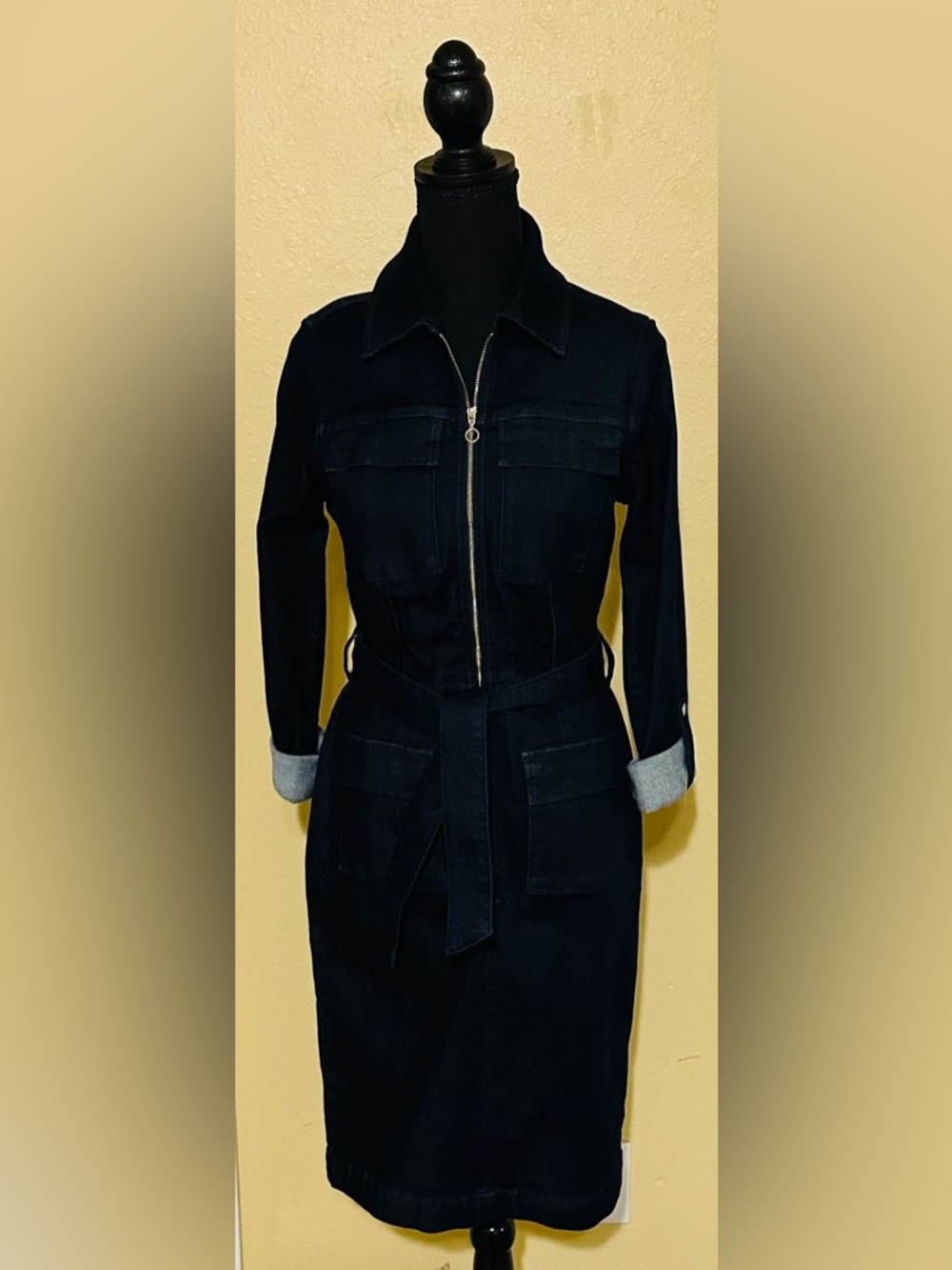 White House Black Market Black Zip-Front Belted Jean Jacket